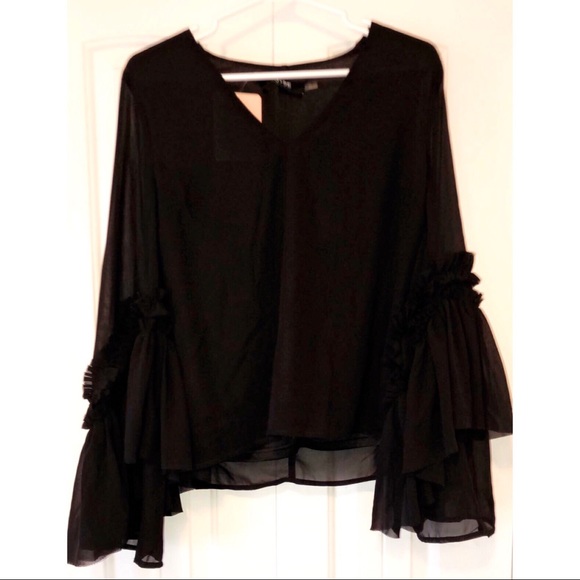 Black Blouse w/ Playful Flared Sleeves - Picture 2 of 5